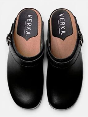 Swedish Verka Flitig Black Leather Wooden Clog Size 41